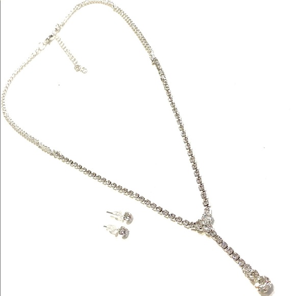 Y Necklace Earrings Set Silver Tone Rhinestone - Picture 3 of 5